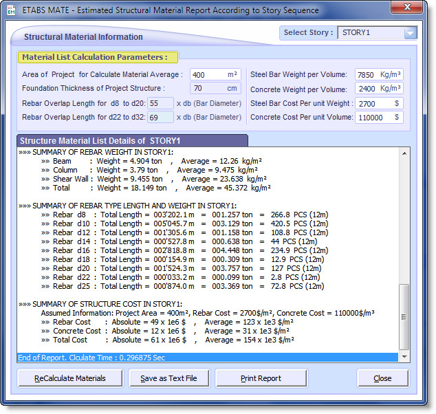 ETABS MATE - Structure Material List Details
